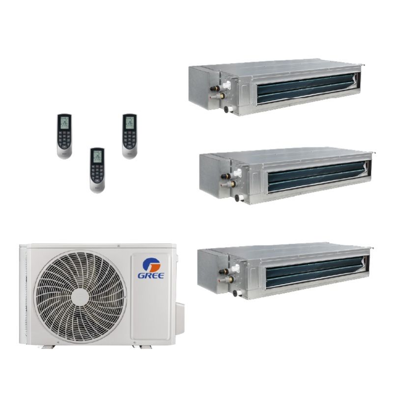 36,000 BTU Gree All Match 18 SEER2 Tri Zone Slim Concealed Duct Mini Split Heat Pump System - R32 | 230V - 9 + 9 + 18