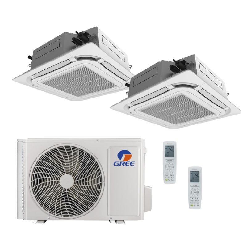 Gree All Match 24,000 BTU 21 SEER2 Dual Zone 360 Ceiling Cassette Mini Split Heat Pump System - R32 | 230V - 18 + 18 - MUL24HP230V1R32AO / 2-CAS18HP230V1R32AH