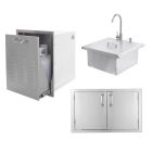 BBQ Direct Outdoor Kitchen 3-Piece Set With Double Access Door & Roll-Out Trash/Propane Tank Drawer & Outdoor Rated Drop-In Bar Sink