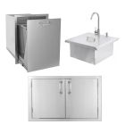BBQ Direct Outdoor Kitchen 3-Piece Set With Double Access Door and Roll-Out Double Trash/Recycling Bin and Outdoor Rated Drop-In Bar Sink