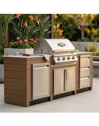 8FT Outdoor Kitchen Island with 32" 4-Burner Built-In Gas Grill, Woodgrain Poly Lumber Base & Travertine Countertop by Infinity Living
