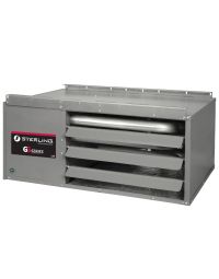 Sterling GG Series Greenhouse Unit Heater GG030A1NSA11 rear view showing propeller fan, vent connections, gas inlet, and galvanized steel cabinet.