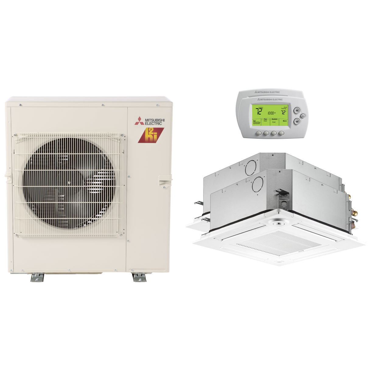 20,000 BTU Mitsubishi P-Series 19.3 SEER2 Dual Zone Ceiling Cassette Mini Split Hyper Heat Pump System - R454B | 9 + 9