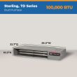 Sterling TD Series 100,000 BTU duct furnace with a horizontal metal housing and exposed internal heating tubes.