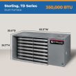 Sterling TD Series 350,000 BTU duct furnace with a horizontal metal housing and exposed internal heating tubes.