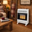 Buck Stove 10,000 BTU Propane in a cozy, rustic cabin living room featuring a white ventless infrared gas space heater