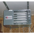 Sterling GG Series Greenhouse Unit Heater GG030A1NSA11 ceiling-mounted inside a commercial greenhouse, providing efficient warm air distribution for plant-growing environments.