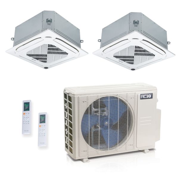 18000 BTU 25.1 SEER2 ACiQ Standard 2-Zone Ceiling Cassette Mini Split System | R454B | 230v - 9+12 - ES-18Z-M3C / ACIQ-09CC-HH-MC / ACIQ-12CC-HH-MC