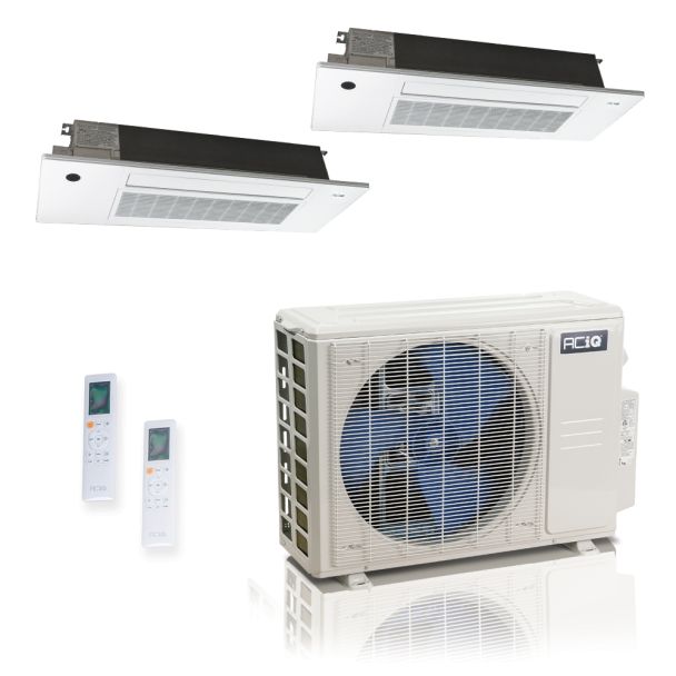 18000 BTU 25.1 SEER2 ACiQ Standard 2-Zone Slim Ceiling Cassette Mini Split System | R454B | 230v - 9+12 - ES-18Z-M3C / SCC-09-HH-MB / SCC-12-HH-MB