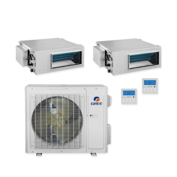 Gree 42,000 BTU 14 SEER Dual Zone Concealed Duct Heat Pump System 12+24 - MULTIU42HP230V1DO / DUCT12HP230V1AD / DUCT24HP230V1AD