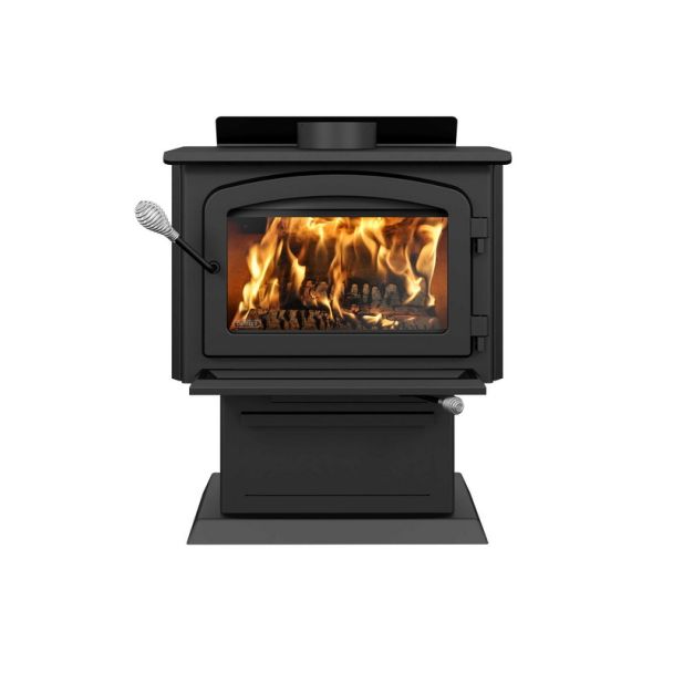 Drolet Blackcomb II Medium Wood Burning Stove With Black Door and Pedestal EPA Certified 30% Tax Credit Eligible - Heats 1800 Sq Ft