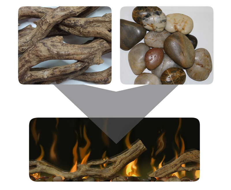Driftwood and River Rock Ember Bed - Accessory for 74" Ignite XL and Evolve Linear Fireplace