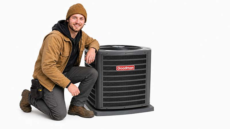 HVAC professional kneeling beside a Goodman condenser