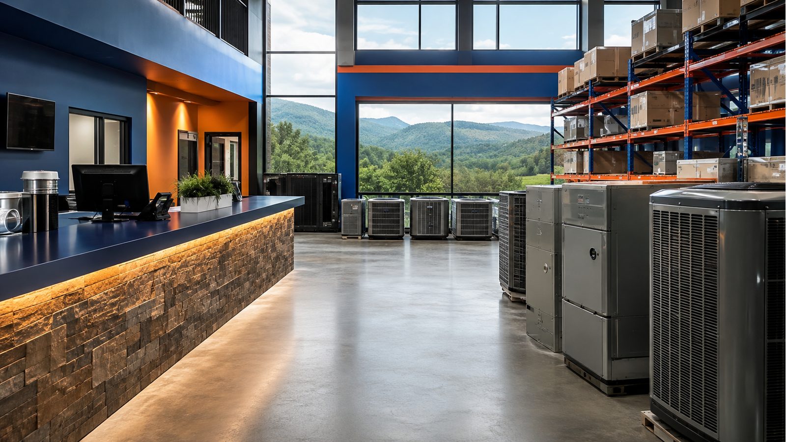 Heating and cooling equipment displayed inside an HVAC supply counter