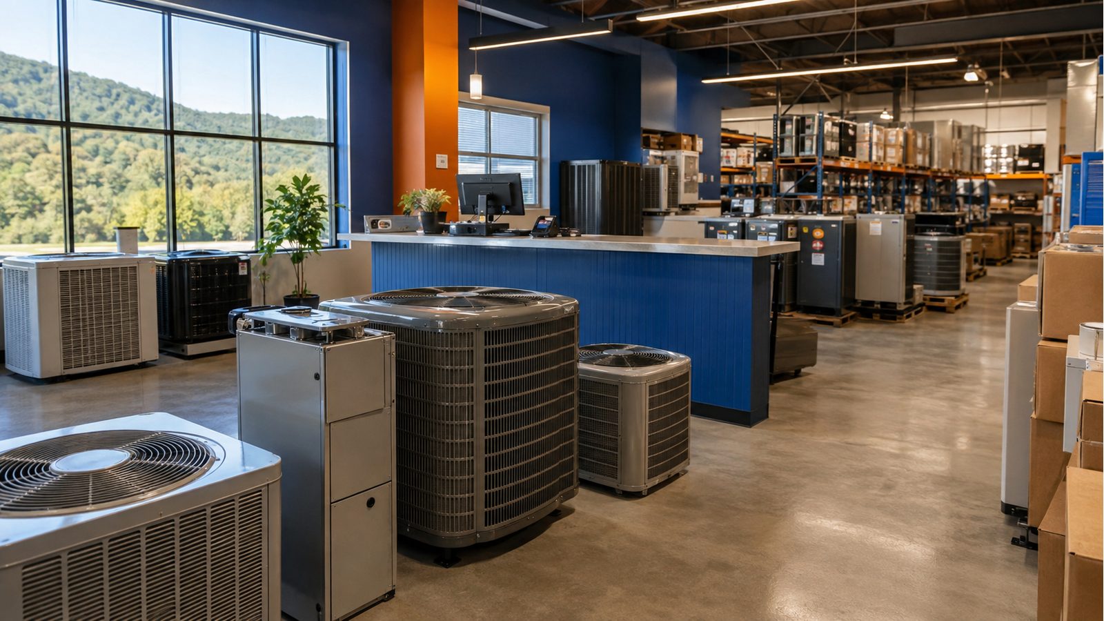Heating and cooling equipment displayed inside an HVAC supply counter