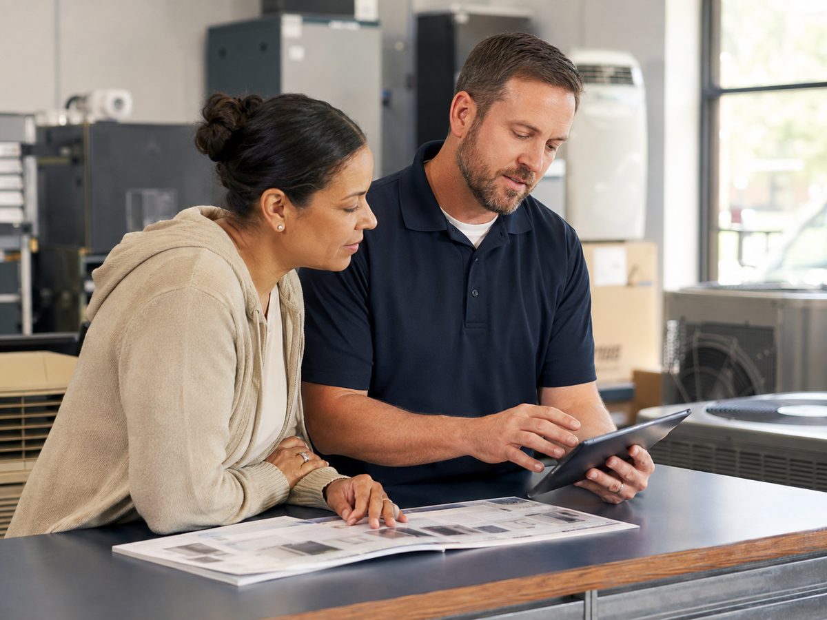 A customer reviewing HVAC equipment options with a product specialist