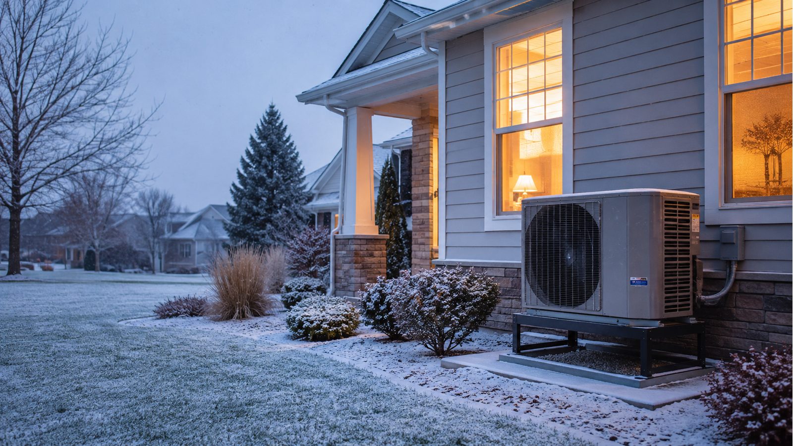 An Ohio home with a heat pump during the first light snowfall