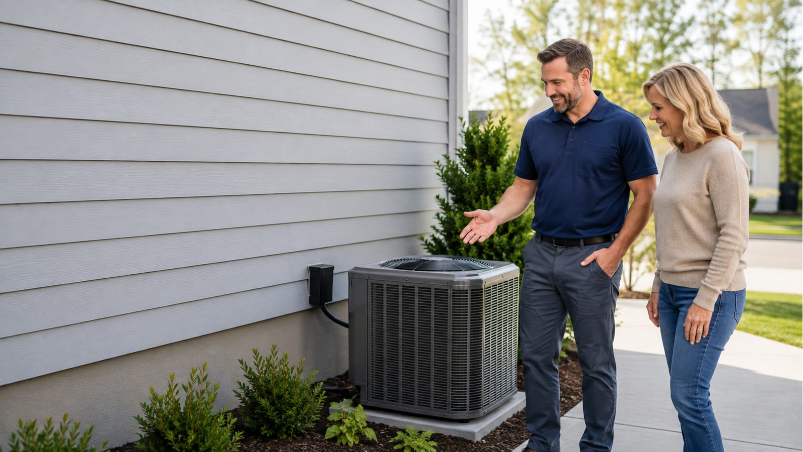 An HVAC professional discussing outdoor equipment with a homeowner
