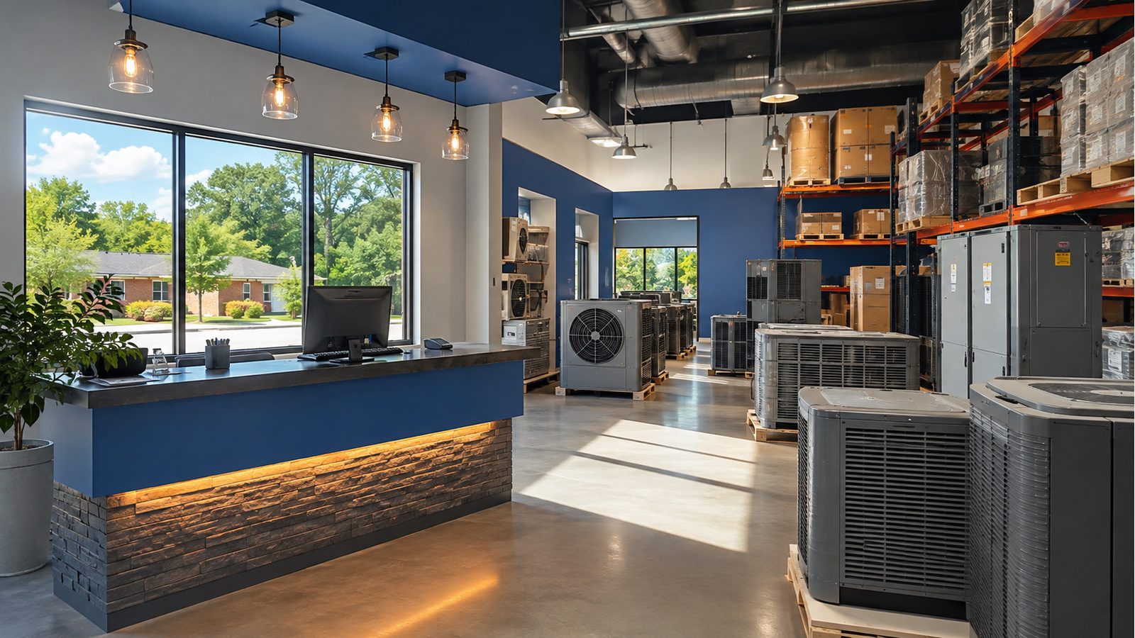 Heating and cooling equipment displayed inside an HVAC supply counter