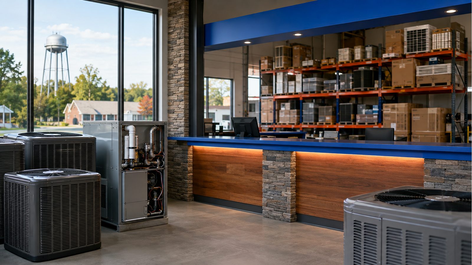 Heating and cooling equipment displayed inside an HVAC supply counter