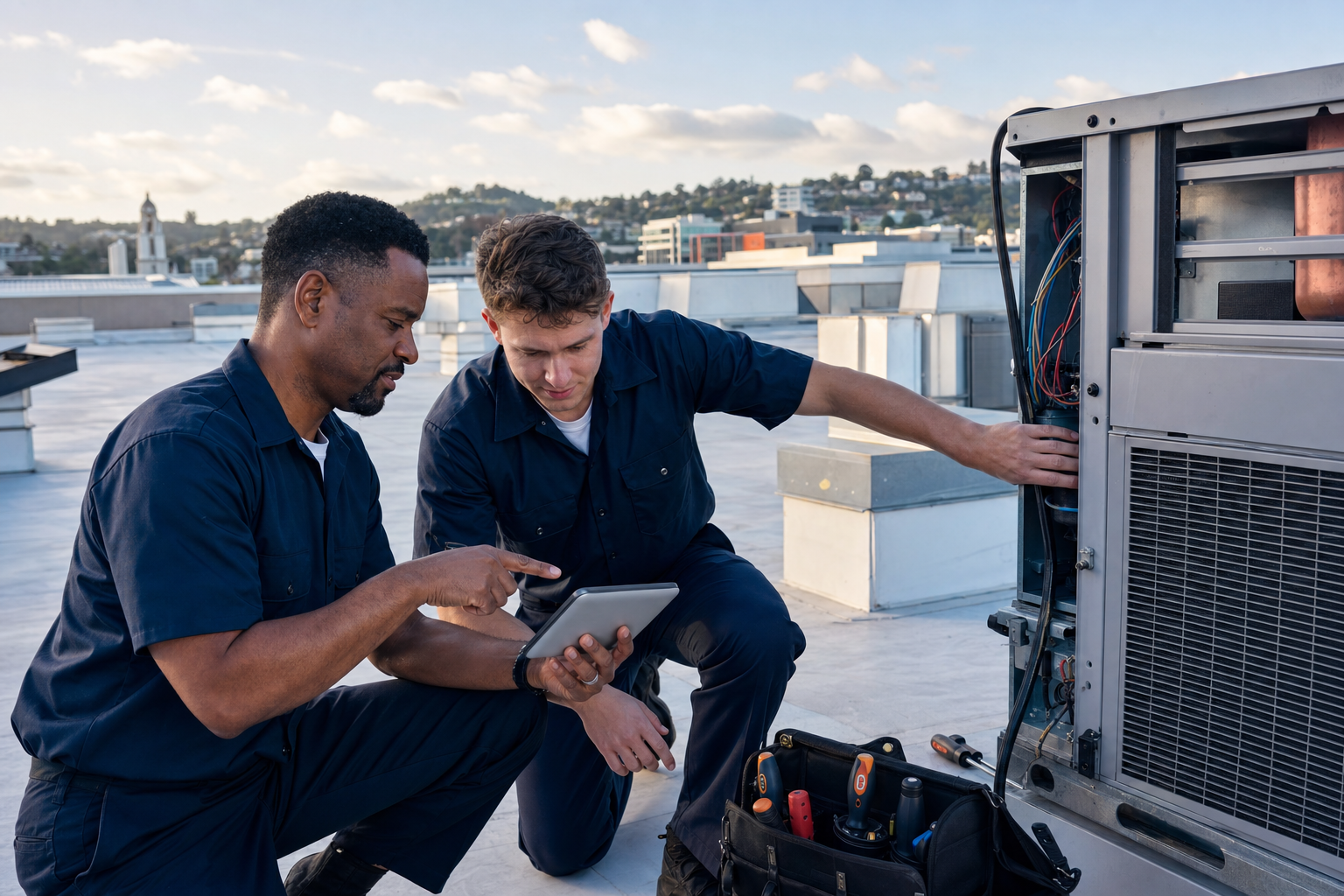 Two HVAC technicians collaborating beside a commercial rooftop unit