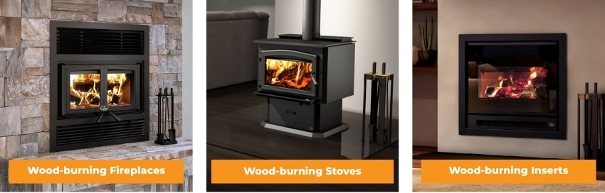 Three types of Osburn wood heating: built-in fireplace, freestanding wood stove, and fireplace insert shown in modern home interiors