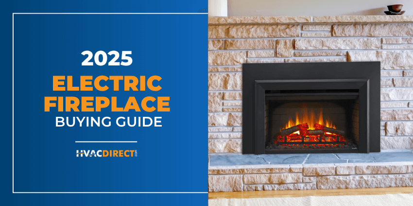 2025 Electric Fireplace Buying Guide cover featuring a modern electric fireplace with realistic flames set in a stone wall surround
