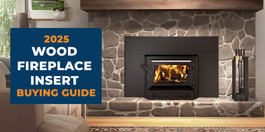 Modern living room with stone fireplace featuring an EPA-certified wood burning insert, part of the 2025 wood fireplace insert buying guide.
