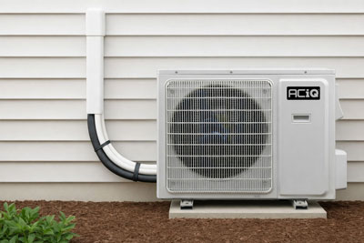 ACiQ Essentials R32 central heat pump outdoor unit installed beside a home exterior wall