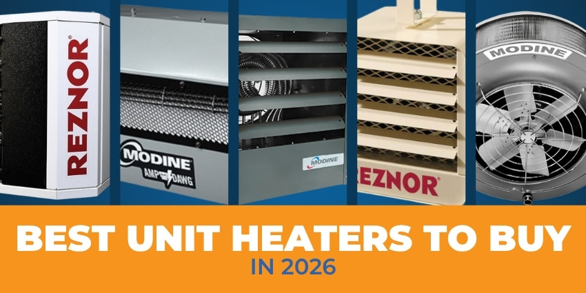 Collage of top Modine and Reznor unit heaters for garages and industrial spaces with text 'Best Unit Heaters to Buy in 2026'.