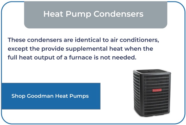 These condensers are identical to air conditioners, except they provide supplemental heat when the full heat output of a furnace is not needed.