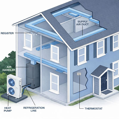 Central Heat Pump System Diagram Showing Air Handler, Ductwork, and Thermostat