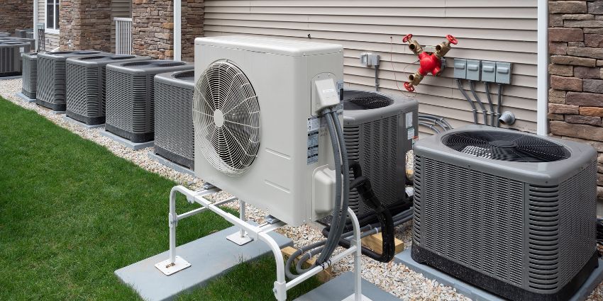 Outdoor Heat Pump and AC Units Installed for Home HVAC System Outdoor heat pump and air conditioner units installed beside a home on mounting pads for residential HVAC systems