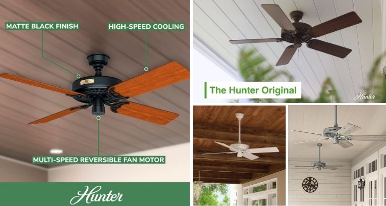 Hunter Outdoor Original 52 Inch Matte Black Ceiling Fan with Teak