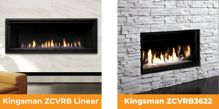 Kingsman ZCVRB linear gas fireplace and ZCVRB3622 modern linear fireplace installed in contemporary living spaces