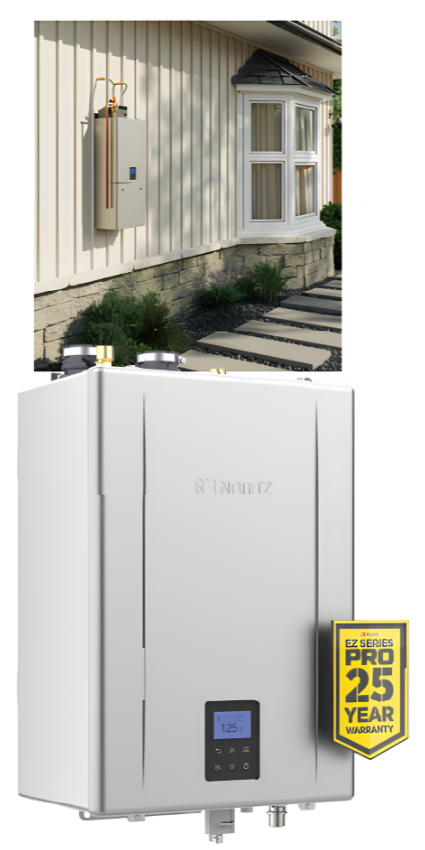Noritz EZ Series Pro condensing tankless water heater with 25-year heat exchanger warranty badge