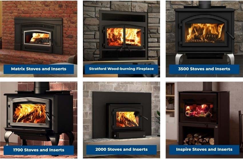 Six Osburn fireplace models displayed: Matrix inserts, Stratford fireplaces, 3500 stoves, 1700 inserts, 2000 stoves, and Inspire inserts in various home settings