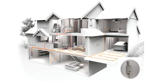 Cutaway home diagram showing a Noritz NRCB combination boiler supplying household hot water and hydronic heating throughout multiple rooms