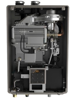 Interior view of the Noritz NRCB combination boiler showing its heat exchangers, burner, valves, piping, and internal controls