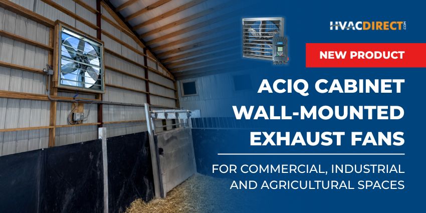 ACiQ cabinet wall-mounted exhaust fan installed in a barn for high-CFM ventilation in commercial, industrial, and agricultural spaces