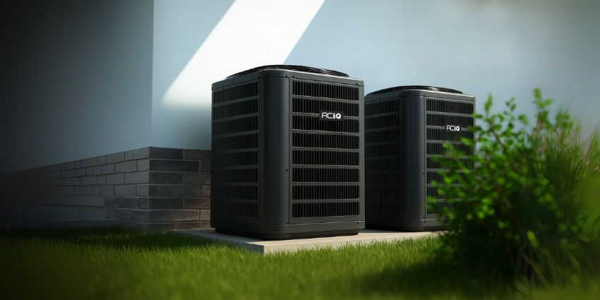 Two ACiQ-branded outdoor heat pump units on a concrete pad beside a modern home with brick siding and green lawn