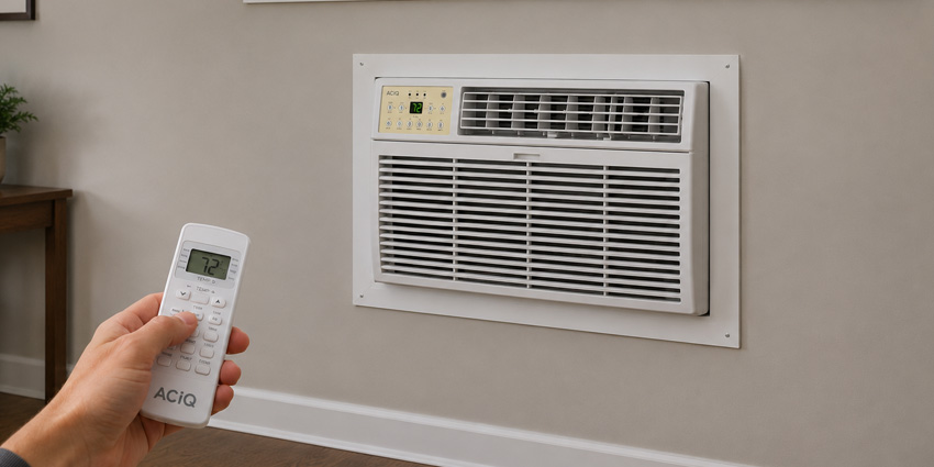 ACiQ Through-the-Wall Mini PTAC with Remote Control ACiQ through-the-wall mini PTAC unit installed in a room while a hand uses a remote control to adjust the temperature.