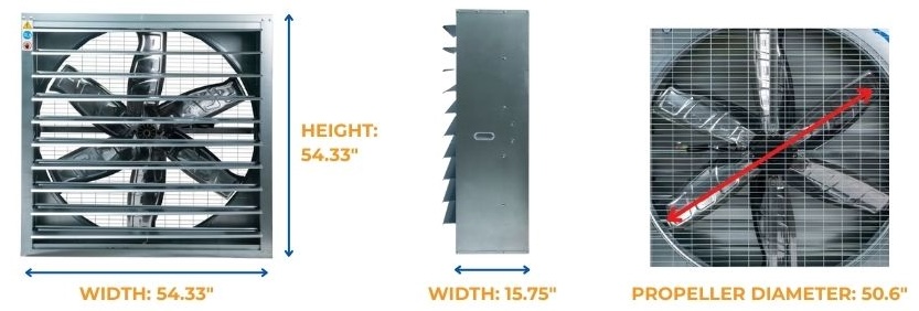 ACiQ wall-mounted exhaust fan dimensions showing cabinet width, height, depth, and propeller diameter for installation planning