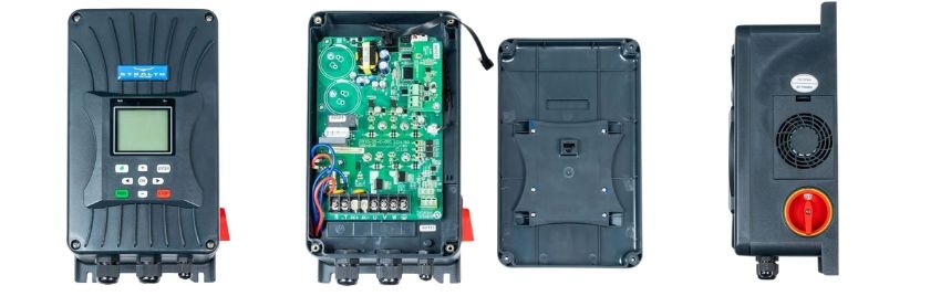 ACiQ VFD speed controller showing front, internal circuitry, mounting plate, and power switch for wall-mounted exhaust fan systems