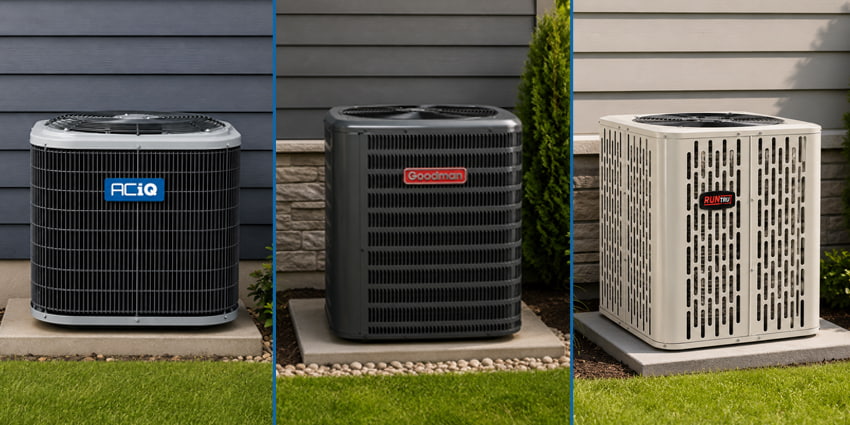 ACiQ, Goodman, and RunTru central air conditioner condenser units shown side by side