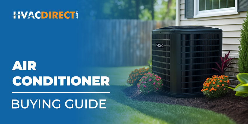 Central Air Conditioner Buying Guide Central air conditioner outside a home with Air Conditioner Buying Guide text
