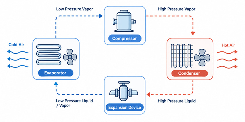 Diagram showing the central air conditioner refrigerant cycle through the compressor, condenser, expansion device, and evaporator