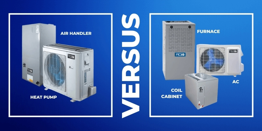 Heat Pump vs AC + Furnace Product Comparison Side-by-side product layout: on the left an ACiQ heat pump with air handler, on the right a furnace, coil cabinet, and AC unit under “VERSUS.”