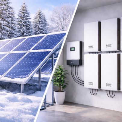Split image showing snow-covered solar panels outdoors and wall-mounted home battery storage system indoors for winter energy backup