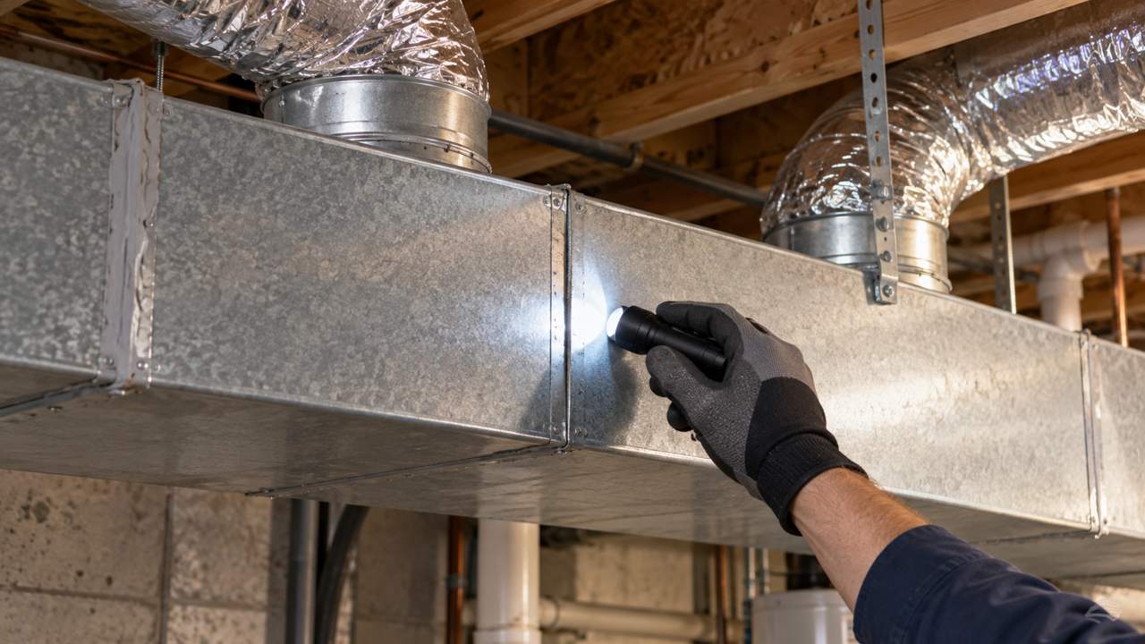 Why Duct Leakage Can Make a New HVAC System Feel Undersized Inspection of a galvanized HVAC duct joint in a crawlspace